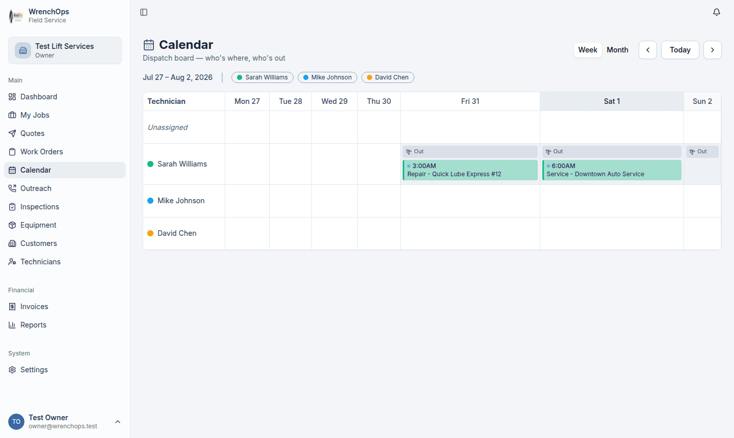 Dispatch calendar with technician rows and time off