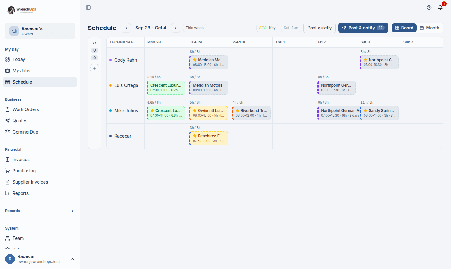 Dispatch calendar with technician rows and time off